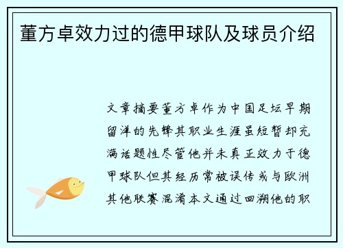 董方卓效力过的德甲球队及球员介绍