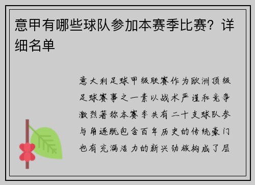 意甲有哪些球队参加本赛季比赛？详细名单