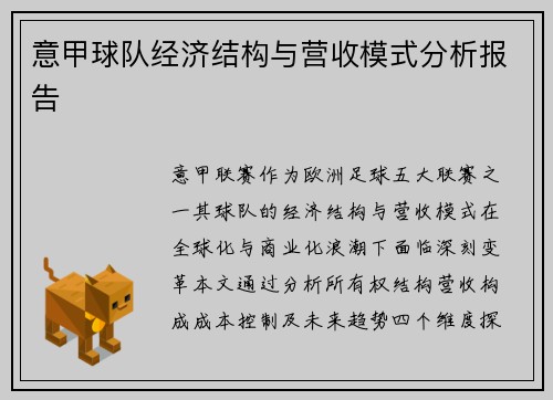 意甲球队经济结构与营收模式分析报告