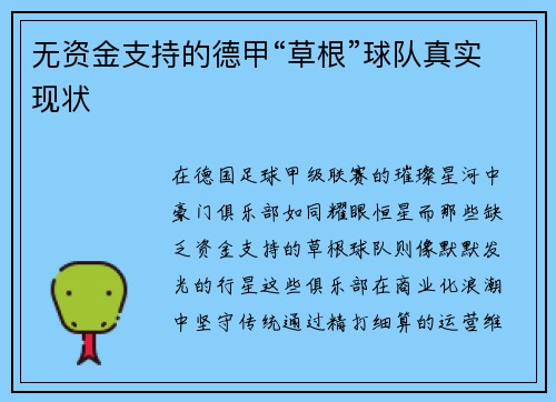 无资金支持的德甲“草根”球队真实现状