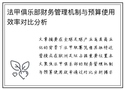 法甲俱乐部财务管理机制与预算使用效率对比分析